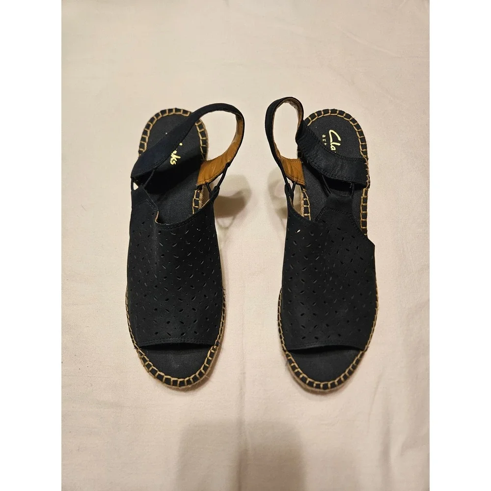 Clarks Women's Navy‎ Blue Suede Perforated Espadrille Wedge Sandals Slingback 9M